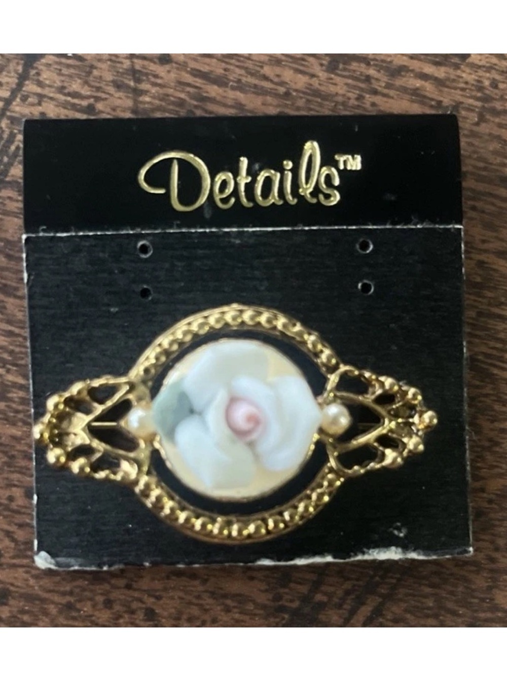 Vintage Details White Ceramic Rose Brooch Gold Tone Victorian Style Floral Pin